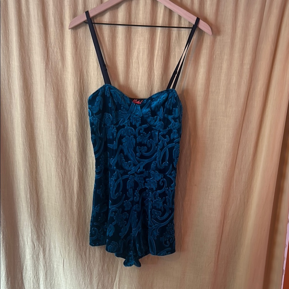 Motel Rocks Teal Velvet Romper with Black Straps